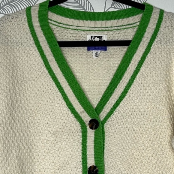 Future Collective Varsity Cardigan Sweater XS Kahlana Barfield Brown Ivory Green - Picture 3 of 12